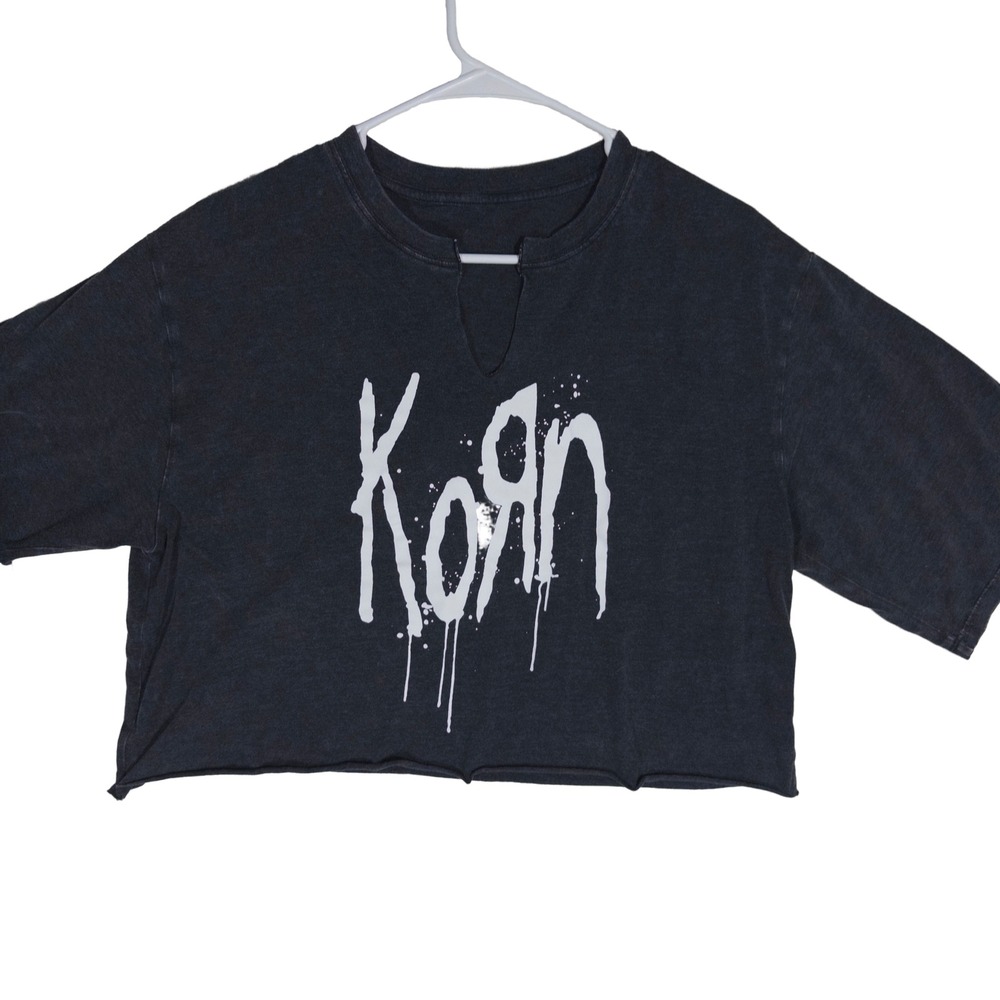 Korn Graphic Crop Top Tee OS Womens Custom Cut Raw Hem Faded Black